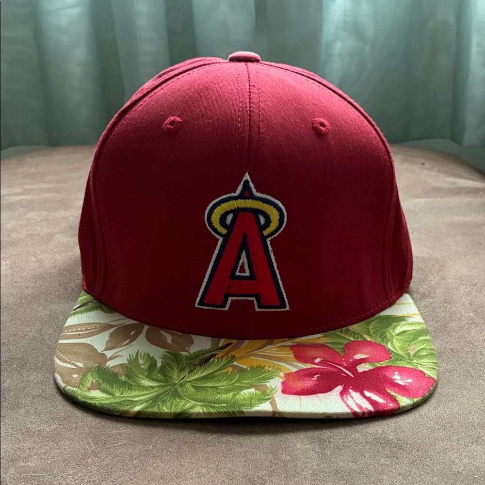 Red Baseball Cap with Floral Brim